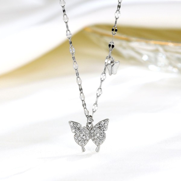 925 Sterling Silver Group Inlaid Zircon Butterfly Necklace