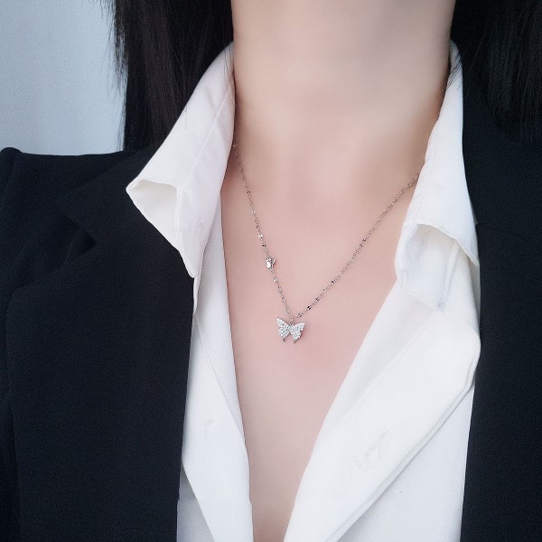 925 Sterling Silver Group Inlaid Zircon Butterfly Necklace
