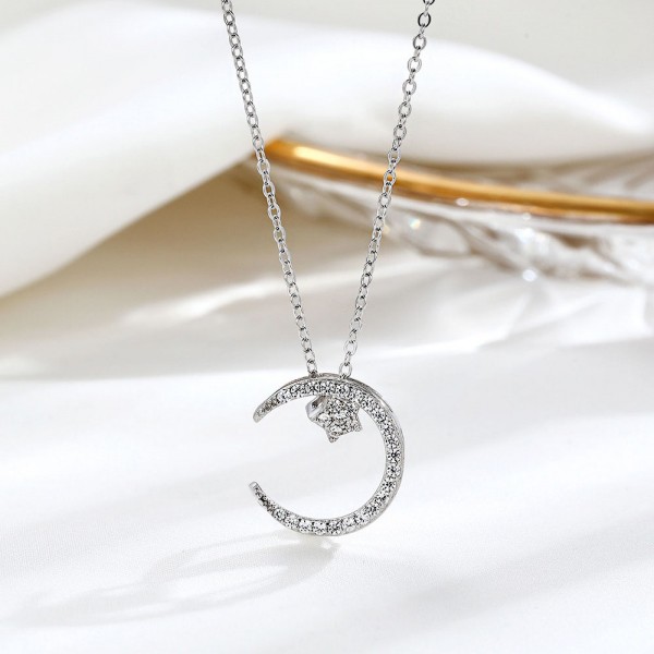 925 Sterling Silver Moon And Star Pendant Necklace