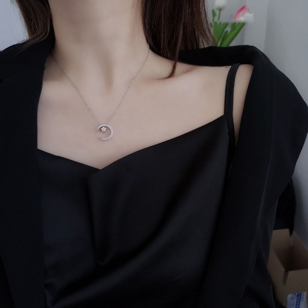 925 Sterling Silver Moon And Star Pendant Necklace