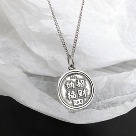 925 Sterling Silver Retro Round Pig Pendant Neckla...