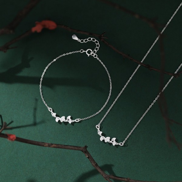 999 Sterling Silver Necklace Zircon Apricot Leaves
