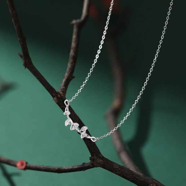 999 Sterling Silver Necklace Zircon Apricot Leaves