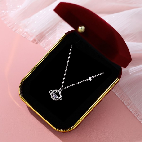 999 Sterling Silver Necklace Zircon Saturn