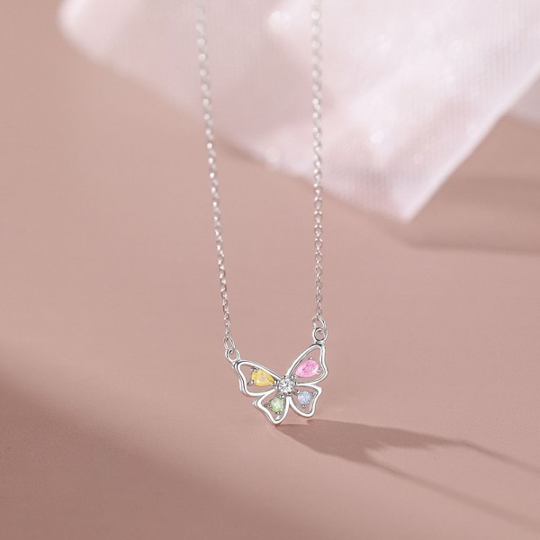 925 Sterling Silver Ice Flower Stone Butterfly Necklace