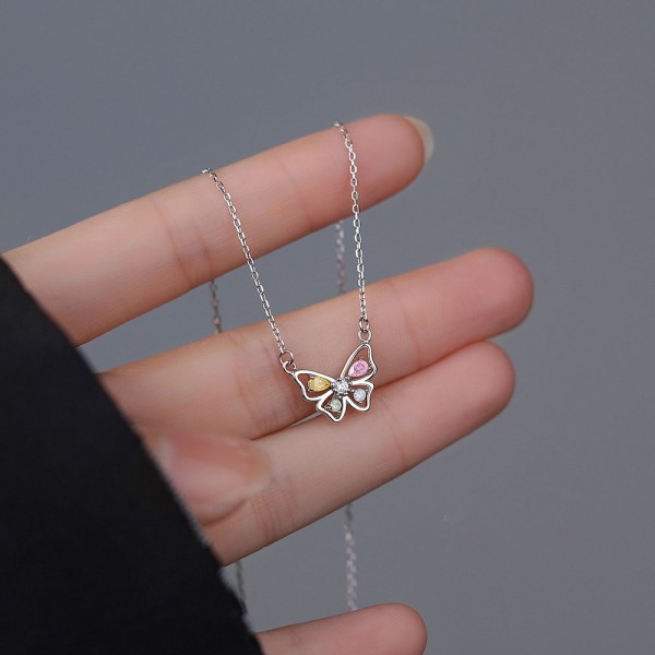 925 Sterling Silver Ice Flower Stone Butterfly Necklace