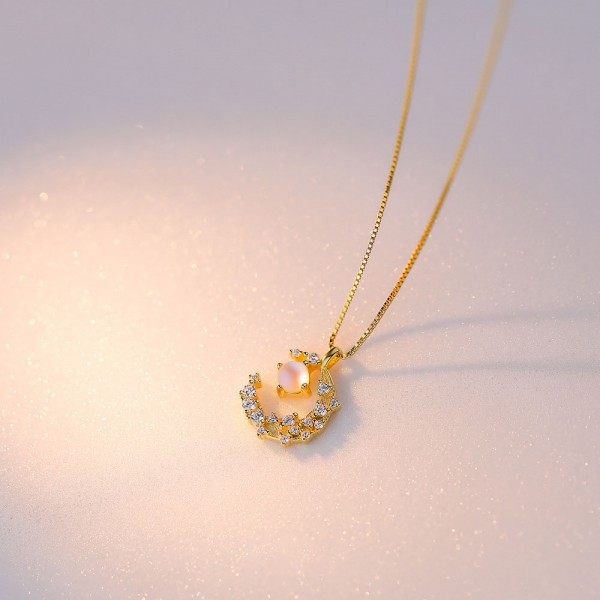 925 Sterling Silver Star Moon Moonlight Stone Necklace