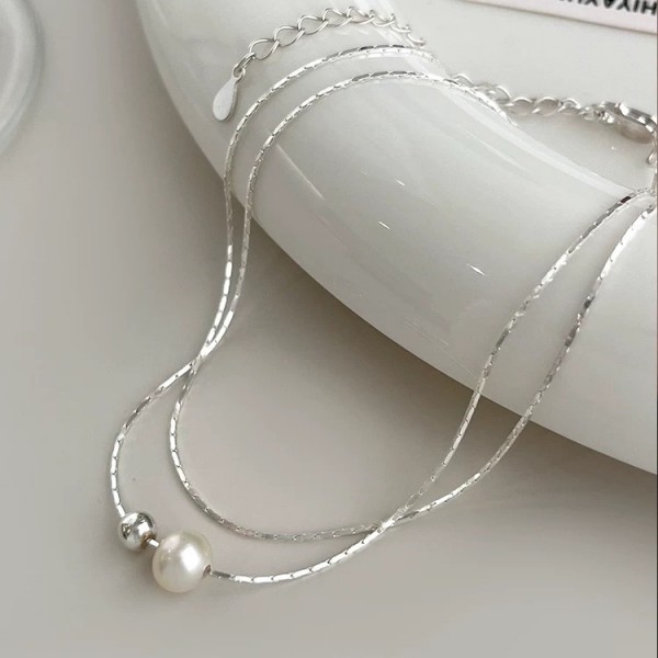 925 Sterling Silver Pearl Silver Bead Necklace