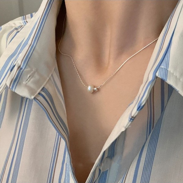 925 Sterling Silver Pearl Silver Bead Necklace