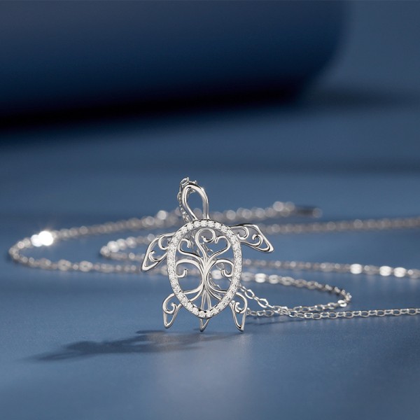 S925 Sterling Silver Tree of Life with Flower and Turtle Necklace