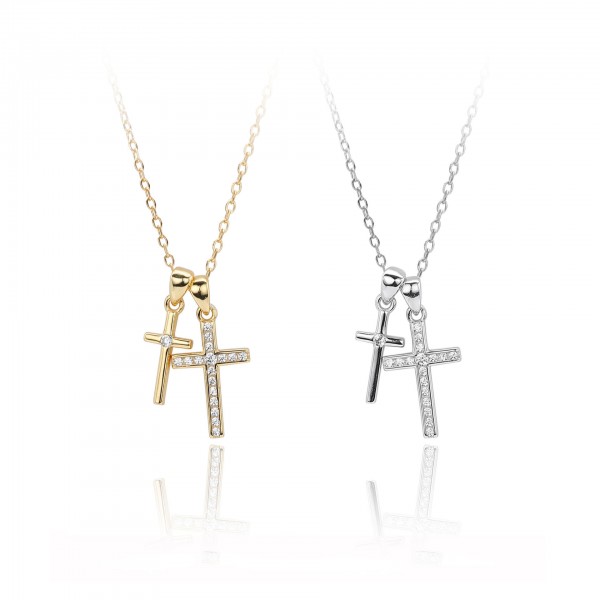 S925 Sterling Silver Double Cross Pendant Statement Necklace