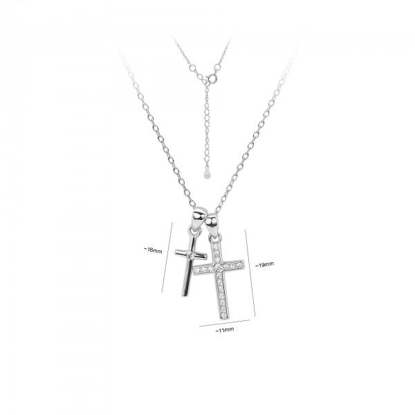 S925 Sterling Silver Double Cross Pendant Statement Necklace