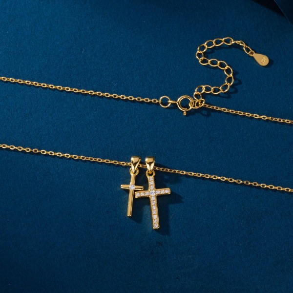 S925 Sterling Silver Double Cross Pendant Statement Necklace