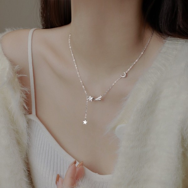 S925 Sterling Silver Niche-style Star and Moon Necklace