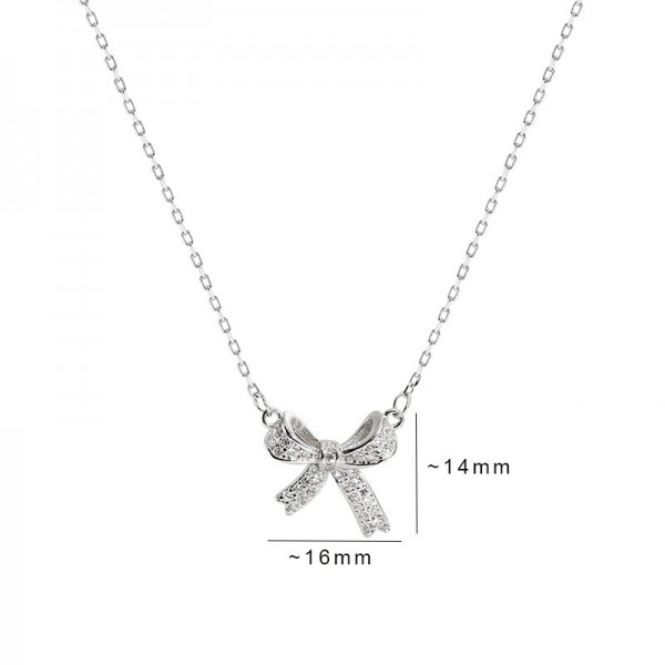 S925 Sterling Silver Light Luxury Bow Knot with Flash Diamond Necklace