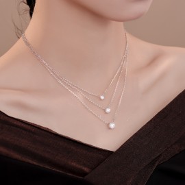 S925 Sterling Silver Four-Prong Zircon Pendant Nec...