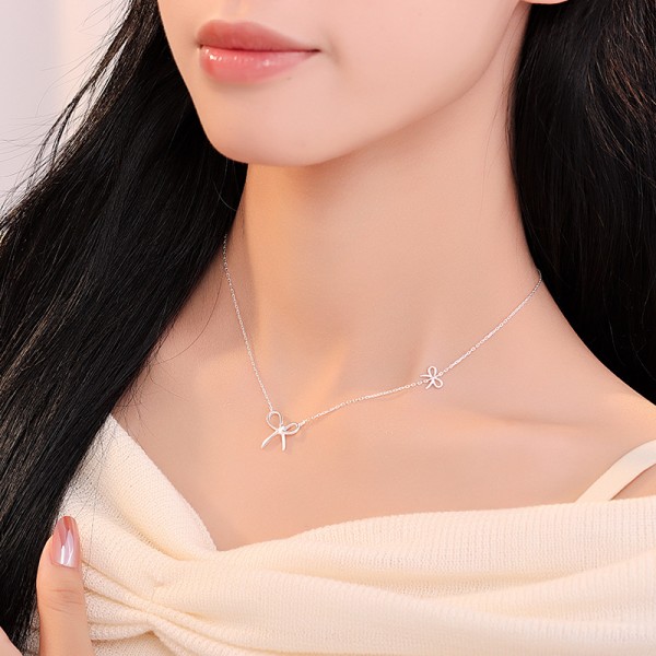 S925 Sterling Silver Simple Bow Tie Necklace