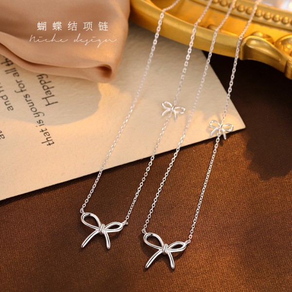 S925 Sterling Silver Simple Bow Tie Necklace