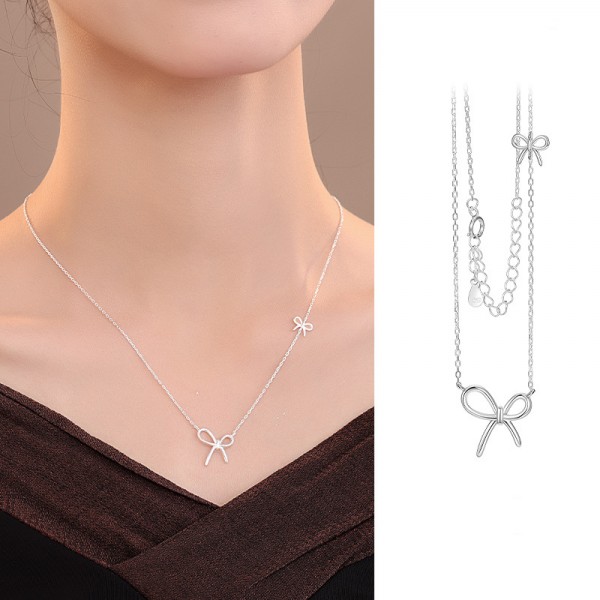 S925 Sterling Silver Simple Bow Tie Necklace