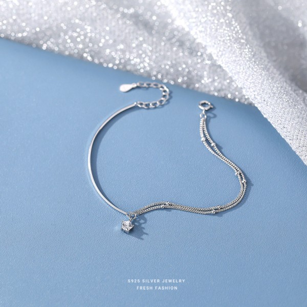 925 Sterling Silver Geometric Link Bracelet with Zirconia Pendant