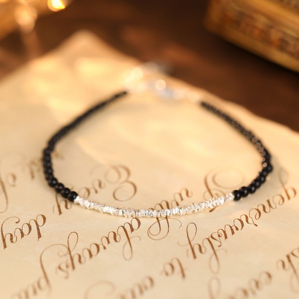 925 Sterling Silver Black Agate and Crushed Texture Bracelet