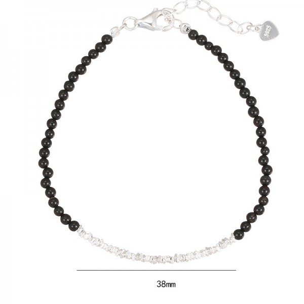 925 Sterling Silver Black Agate and Crushed Texture Bracelet