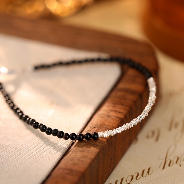 925 Sterling Silver Black Agate and Crushed Texture Bracelet