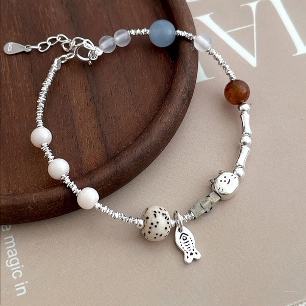 925 Sterling Silver Cat and Fish Bracelet
