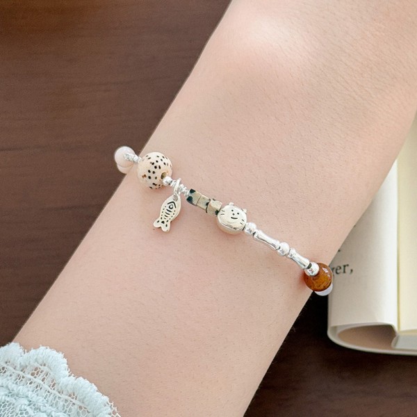 925 Sterling Silver Cat and Fish Bracelet
