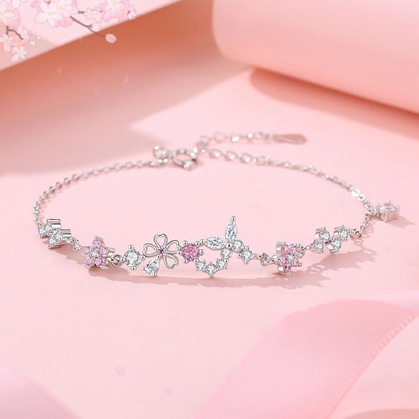 925 Sterling Silver Butterfly and Flower Bracelet