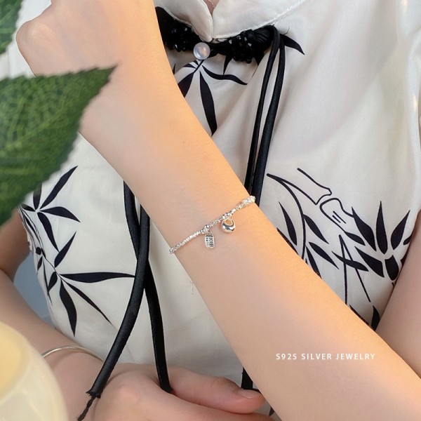 925 Sterling Silver Chinese Style Puffy Crushed Bracelet