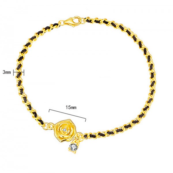 925 Sterling Silver Camellia Black Cord Bracelet