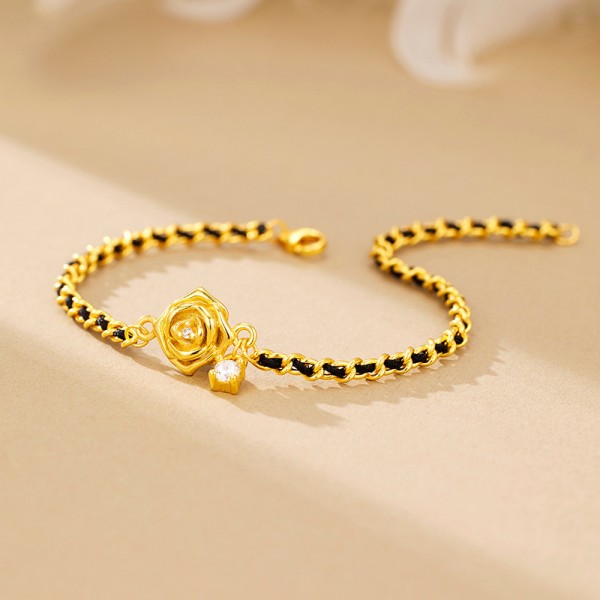 925 Sterling Silver Camellia Black Cord Bracelet