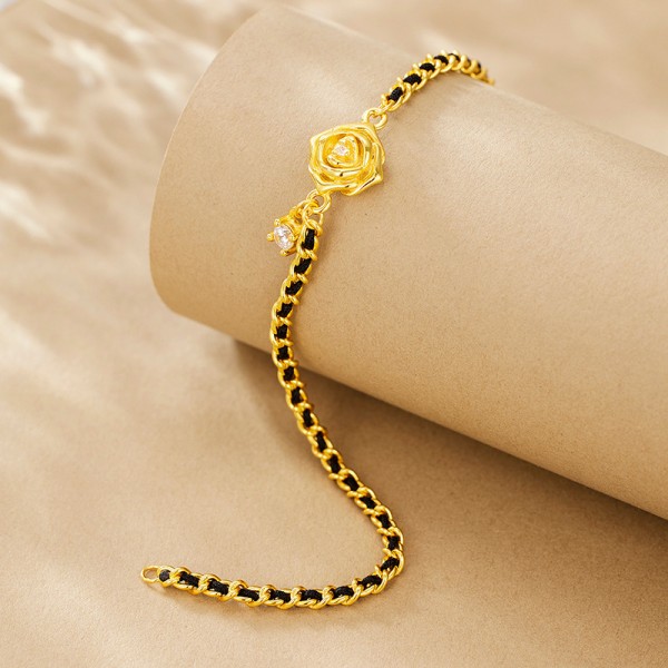 925 Sterling Silver Camellia Black Cord Bracelet