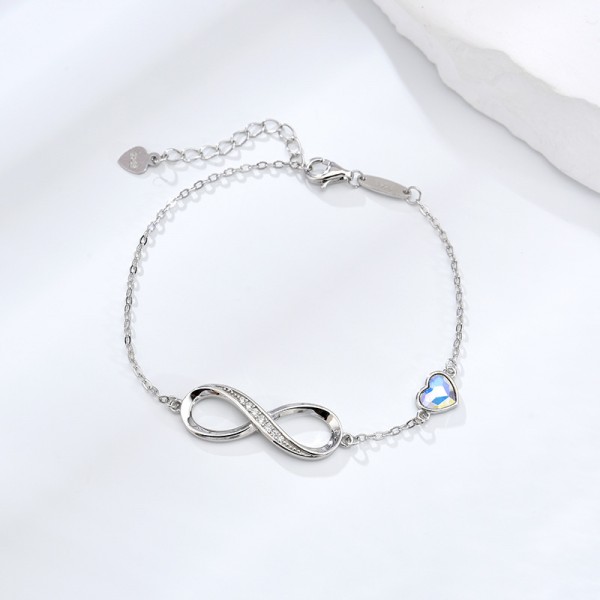 S925 Sterling Silver Infinity Heart Crystal Pendant Bracelet
