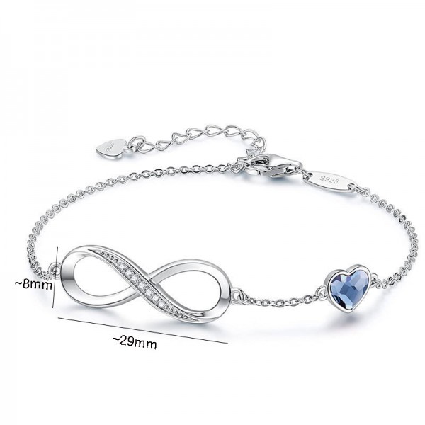S925 Sterling Silver Infinity Heart Crystal Pendant Bracelet