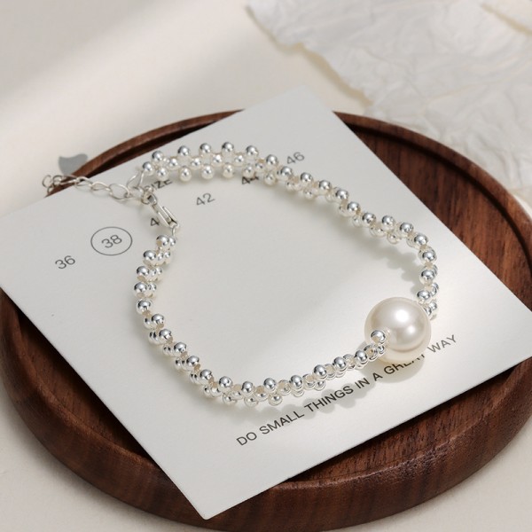 S925 Sterling Silver Hand-Woven Silver Bead Pearl Bracelet