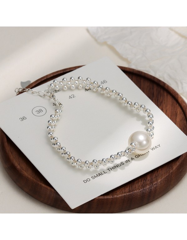 S925 Sterling Silver Hand-Woven Silver Bead Pearl Bracelet