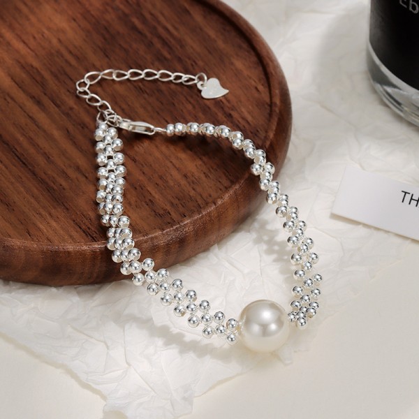 S925 Sterling Silver Hand-Woven Silver Bead Pearl Bracelet