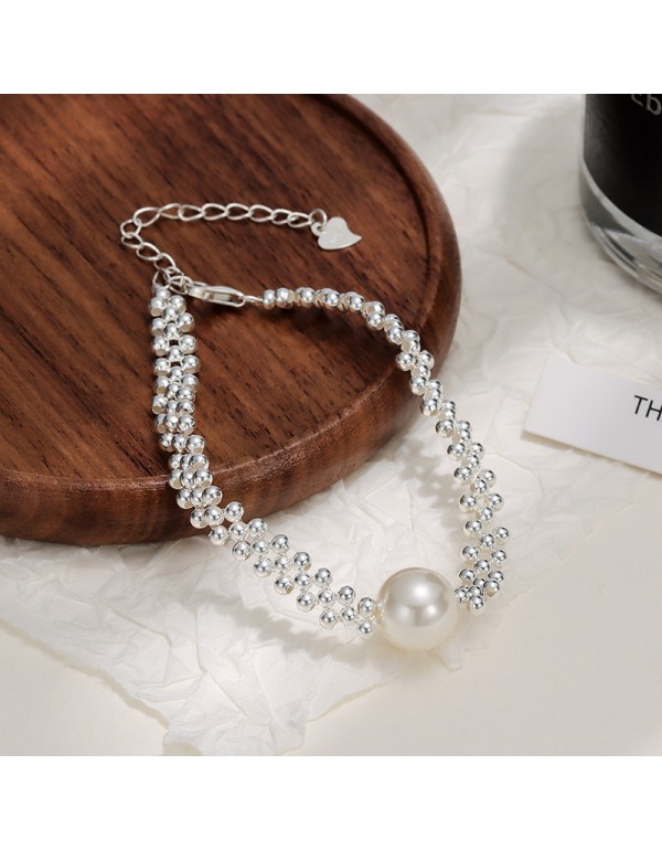 S925 Sterling Silver Hand-Woven Silver Bead Pearl Bracelet