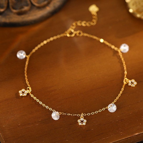 925 Sterling Silver Flower Tassel Anklet