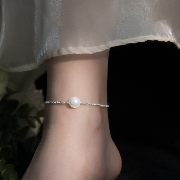 925 Sterling Silver Broken Silver Shell Bead Ankle Chain