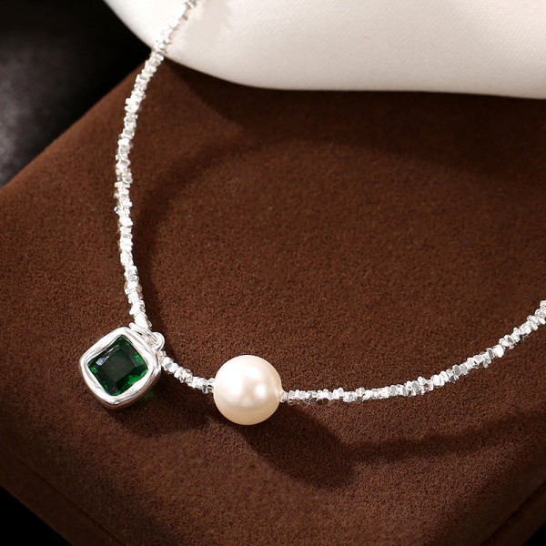 925 Sterling Silver Green Diamond Pearl Foot Chain