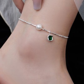 925 Sterling Silver Green Diamond Pearl Foot Chain