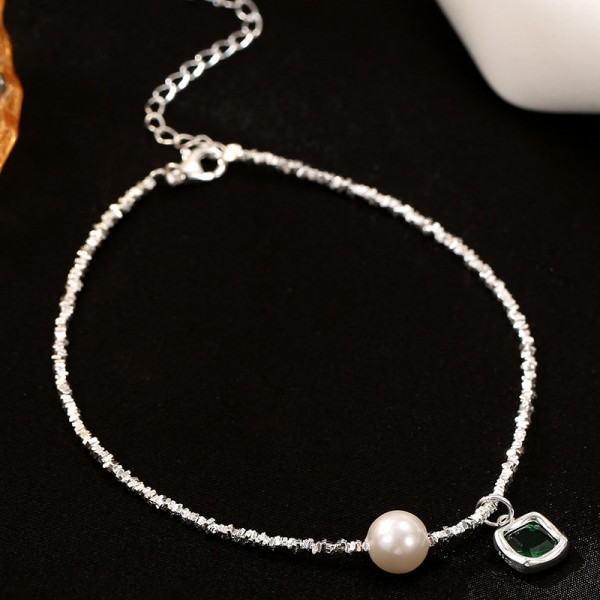 925 Sterling Silver Green Diamond Pearl Foot Chain