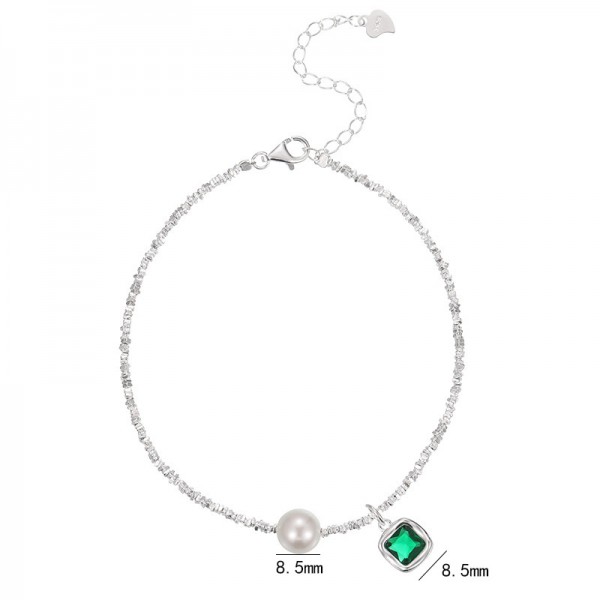 925 Sterling Silver Green Diamond Pearl Foot Chain