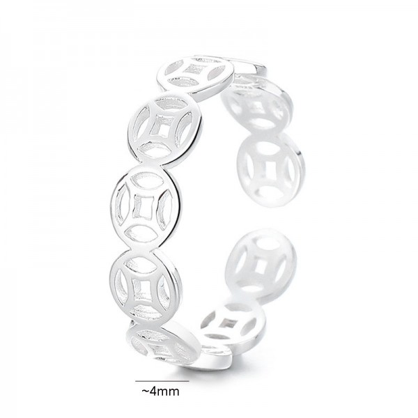 S925 Sterling Silver Coin Adjustable Open Ring