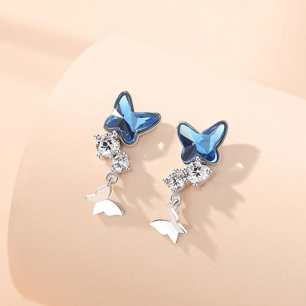 925 Sterling Silver Earring Art Deco Diamond Blue Crystal Dangle Studs