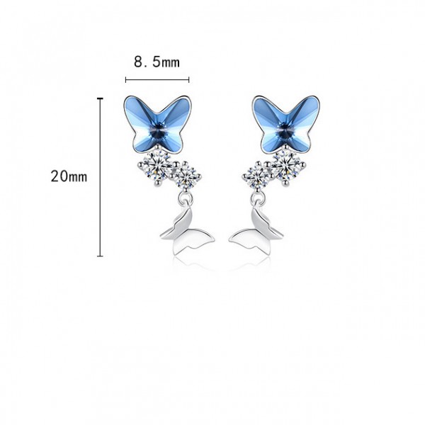 925 Sterling Silver Earring Art Deco Diamond Blue Crystal Dangle Studs