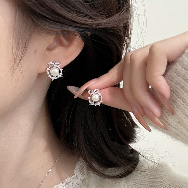 925 Sterling Silver Earrings Diamond Pearl Earrings